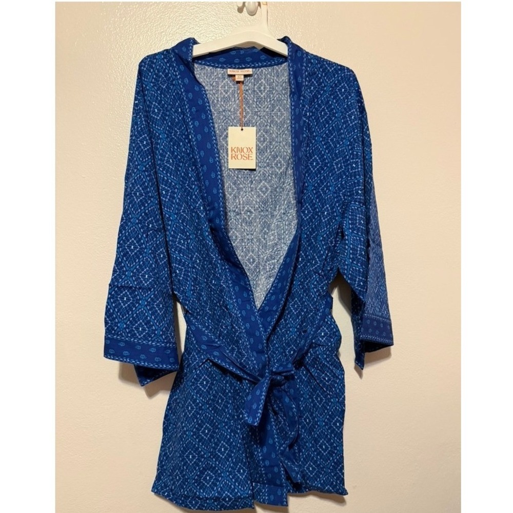 Knox Rose Boho Blue Geometric Print Kimono Wrap Top Tie Waist Plus Size 3X-4X